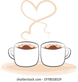 Two cups of coffee and steam in heart shape. Vector illustration.