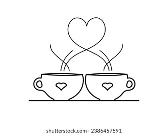 Two cups of coffee or tea with a heart. Love concept or design for Valentine's Day.