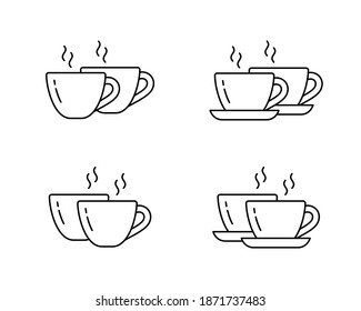 Two cups of coffee or tea. Linear icons set of hot drink for couple. Black simple illustration for menu, packaging design. Contour isolated vector pictogram on white background