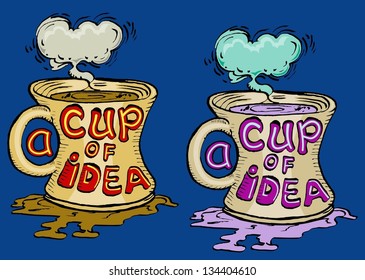 two cups of coffee with text "a cup of idea" hand drawn isolated on blue