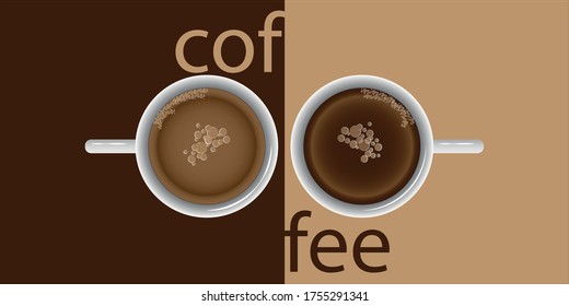 Dos tazas de café con la vista superior de la letra café sobre dos mitades de gráficos vectoriales de color marrón oscuro y de fondo claro