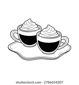 Two cups of coffee with whipped cream line drawing