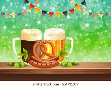Two cups of dark and lager beer starters and hop leaves on bar counter realistic vector illustration