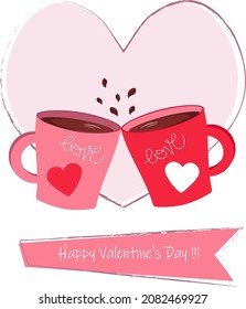 Two cups with a drink on the background of a stylized heart. Card template for the holiday valentines day. Vector illustration. For postcards, invitations, congratulations, decoration and decoration