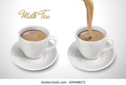 two cups filled with milk tea, one pouring down, 3d illustration