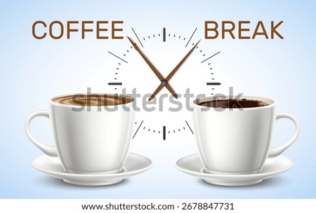 Two cups of flavored drink on background of clock face and coffee break inscription. Caffeine beverage mug. Porcelain tableware. Watch dial. Office schedule. Cappuccino and americano. Vector banner