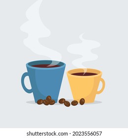 Two cups of fresh coffee. Vector Illustration. Flat style. Decorative design for cafeteria, posters, banners, cards