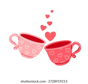 Two cups with hearts. Pair of heart-patterned mugs. Valentine's Day. The concept of falling in love. Romantic hand-drawn icon. Vector illustration.