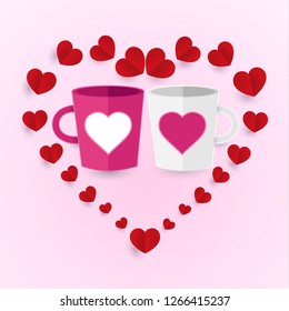 two cups and two hearts. the symbol of love on valentine's day. paper art design