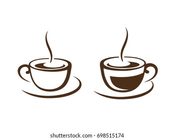 Two cups of hot black aroma coffee, stylized graphic vector illustration