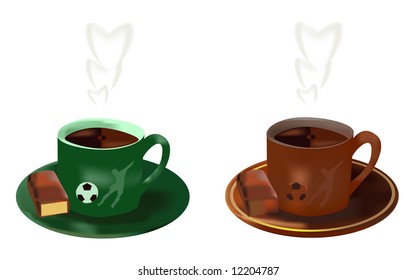 Two cups with hot chocolate. On cup image soccer player. Vector illustration
