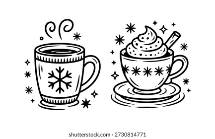 Two cups of hot chocolate with snowflakes and steam on a winter theme