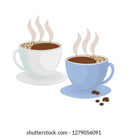 Two cups of hot coffee and coffee bean. Design, element isolated on white-Vector
