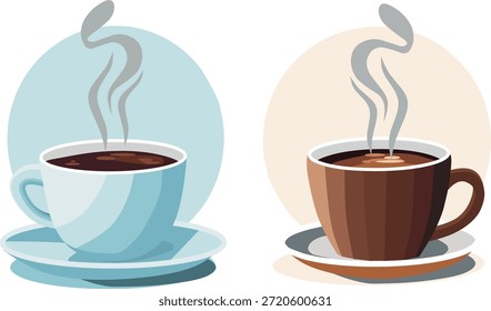 Two cups of hot coffee or tea with steam. Flat vector illustration for cafe, morning routine, office break, and relaxation concept isolated on white background.