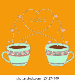 Two cups of hot drink (coffee, tea) for lovers.Vector illstration.