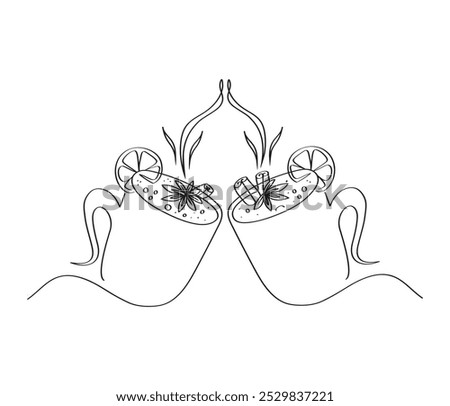 Two cups with hot drink drawn with one line. Sketch. Continuous line drawing mulled wine. Holiday vector illustration.