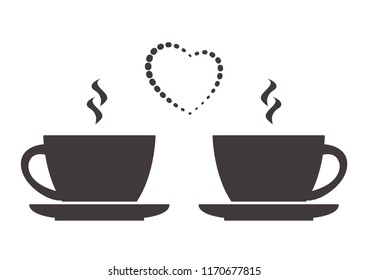 Two cups of hot drink and heart. Love, romantic breakfast or dinner. Vector illustration