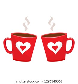 Two cups with hot drink. red cup with heart. Vector illustration