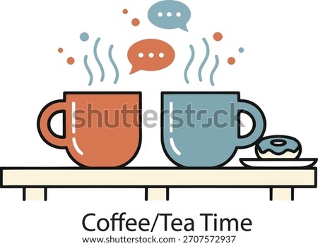 Two cups of hot drinks Coffee Tea Time. Icon of break, relaxation, and social chat. Cafe, break time, and companionship vector.