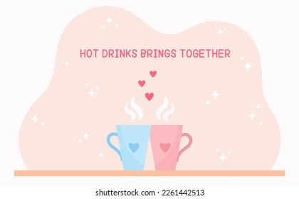 Two cups of hot drinks for couples in love. Special romantic cups with hearts. The concept of love and relationships. Template for cafes, bars, meeting, love, friendship, warm relationship.