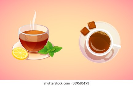 Two cups with hot tea and coffee
