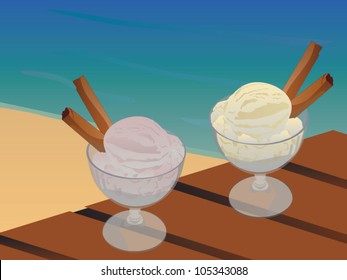 Two cups ice cream on the beach