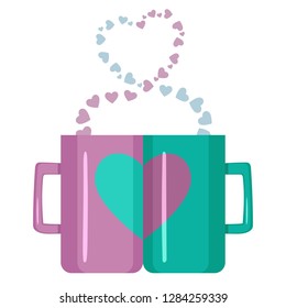 two cups with images of hearts symbolize the mutual attraction of two lovers