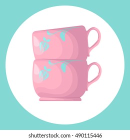 Two cups isolated on a white background. Pink mug with blue ornaments. Vector illustration.