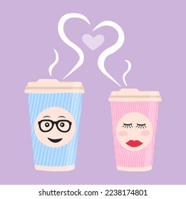 Two cups in love with cute faces on purple background. Greeting card for Valentine's Day.