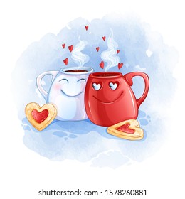 Two cups in love with hot tea and heart-shaped cookies. Watercolor textural background and cartoon funny character. Greeting card for Valentine's Day.