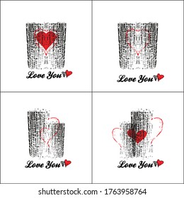 Two cups in love with a red heart. Stylized sign for catering, cafe, parties for lovers, psychological trainings, vector, illustration. Use as a greeting card, invitation.