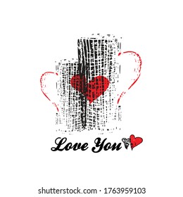 Dos tazas enamoradas de un corazón rojo y con mangos rojos. Cartel estilizado para catering, cafetería, fiestas para amantes, entrenamiento psicológico, vector, ilustración. Usar como tarjeta de saludo, invitación.