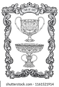 Two of cups. Minor Arcana tarot card. The Magic Gate deck. Fantasy engraved vector illustration with occult mysterious symbols and esoteric concept