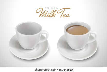 two cups on dishes, one filled with milk tea, white background 3d illustration