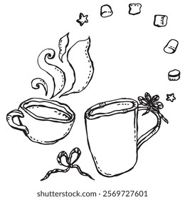 Two cups, one of them with steam, marshmallows and stars fly above them, a bow lies below, and the handle of one cup is tied with a bow