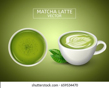 two cups, one top view, both filled with matcha latte drink, light green background 3d illustration