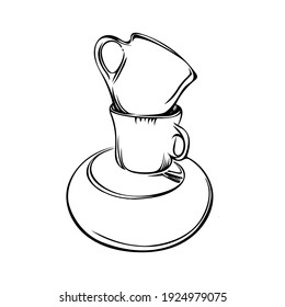 Two cups with saucer. Lineart style.  Black and white picture. For banner, menu, shop, bar, notebook. 