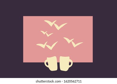 Two cups and seagulls. Romantic