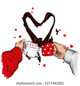Two cups and a spray of coffee in the shape of a heart. Vector illustration. Love, Valentine's Day.