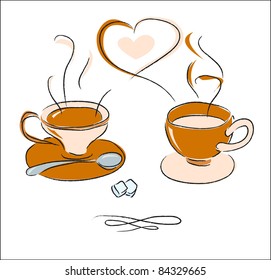 Two cups of steaming coffee (vector)