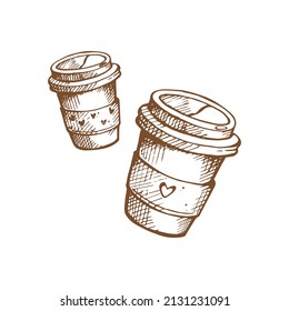 dos tazas de café para llevar aisladas en fondo blanco.taza de café con corazón.Ilustración vectorial en estilo doodle