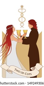 Two of cups. Tarot cards. Young couple offering a golden cup to each other. Caduceus symbol of two entwined snakes