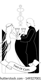 Two of cups. Tarot cards. Young couple offering a golden cup to each other. Caduceus symbol of two entwined snakes