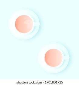 Two cups of tea or coffee on dish with milk. View above. Blue background.