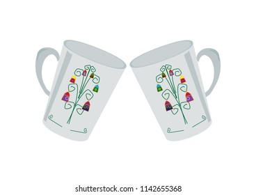 Two cups of tea with cute trees on the white background.