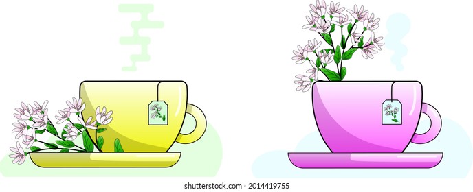 two cups of tea with flowers and leaves of the plant honeysuckle