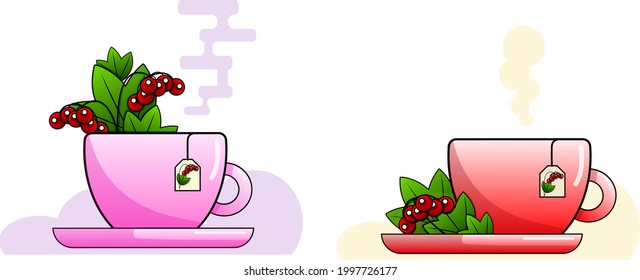 two cups with tea and leaves with viburnum berries