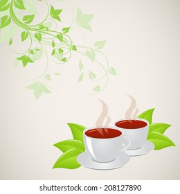Two cups of tea on floral background. Vector illustration.