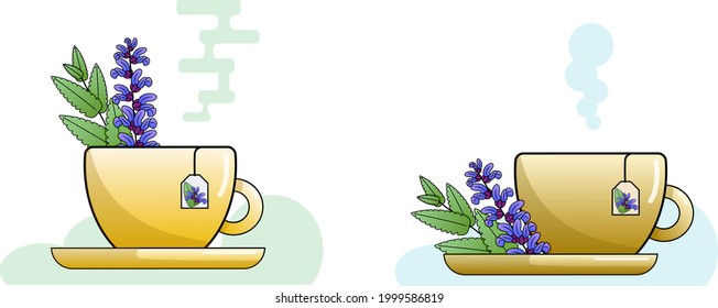 two cups with tea and sage leaves and flowers