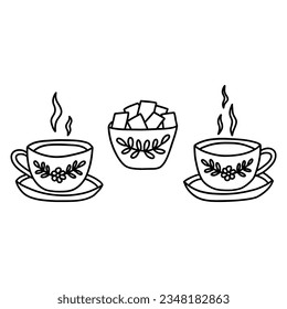 Two cups of tea with saucers and sugar bowl nearby, vintage crockery. Black and white vector isolated illustration hand drawn doodle. Secular tea drinking, beautiful retro cups